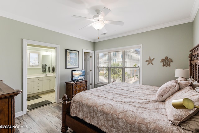 bedroom with light hardwood / wood-style flooring, ornamental molding, ensuite bath, and ceiling fan