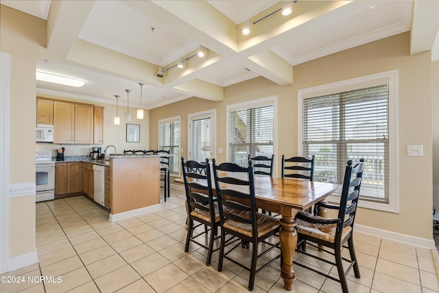 tiled dining room featuring crown molding, coffered ceiling, beamed ceiling, and track lighting