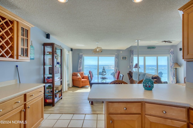 kitchen featuring a water view, light wood-type flooring, plenty of natural light, and ceiling fan