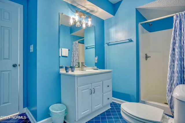 full bathroom featuring toilet, vanity, shower / bathtub combination with curtain, and tile patterned floors