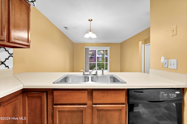 kitchen with dishwasher, kitchen peninsula, a notable chandelier, sink, and hanging light fixtures