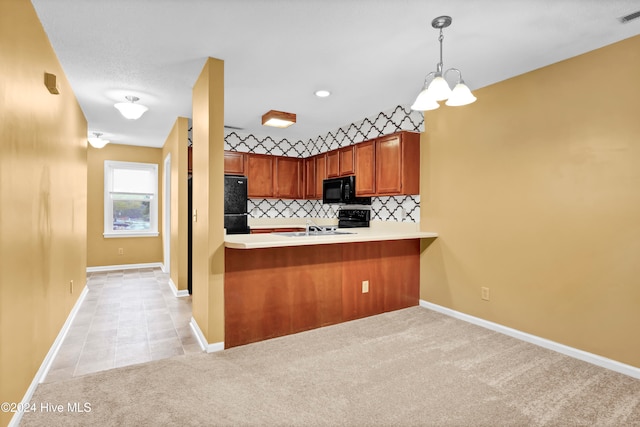 kitchen featuring black appliances, backsplash, hanging light fixtures, kitchen peninsula, and light colored carpet