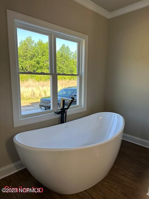 bathroom with plenty of natural light, a bathtub, and hardwood / wood-style floors