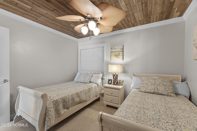 bedroom with carpet, wood ceiling, ornamental molding, and ceiling fan