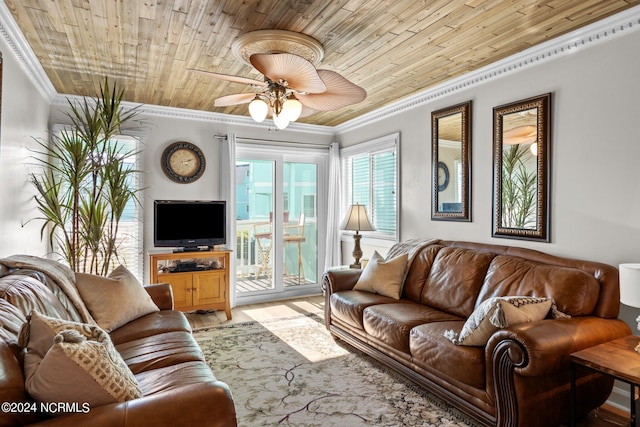 living room with ornamental molding, ceiling fan, wooden ceiling, and light wood-type flooring