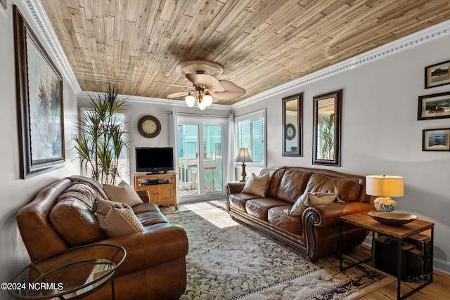 living area featuring ornamental molding, a ceiling fan, wooden ceiling, wood finished floors, and baseboards