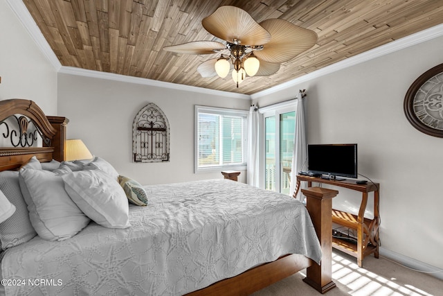 bedroom featuring ornamental molding, wooden ceiling, carpet flooring, baseboards, and a ceiling fan