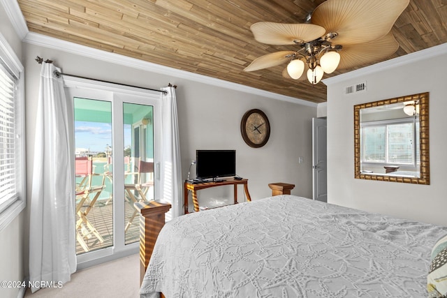 carpeted bedroom featuring access to outside, wooden ceiling, ornamental molding, multiple windows, and a ceiling fan