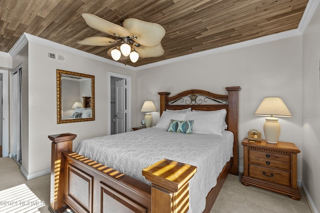 bedroom featuring ornamental molding, light colored carpet, baseboards, wood ceiling, and ceiling fan