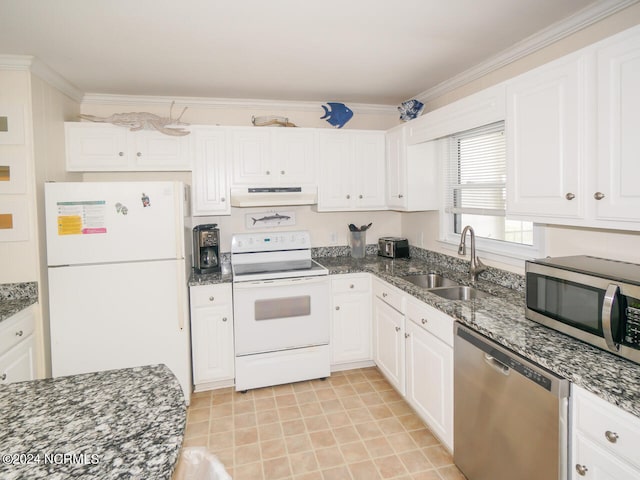 kitchen with sink, appliances with stainless steel finishes, exhaust hood, and white cabinets