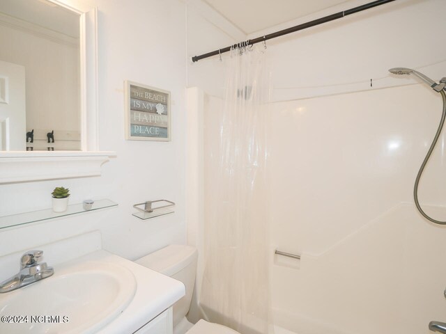 bathroom featuring vanity, toilet, and a shower with shower curtain