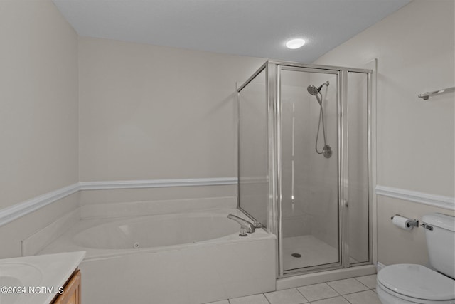 full bathroom with tile patterned floors, vanity, a textured ceiling, plus walk in shower, and toilet