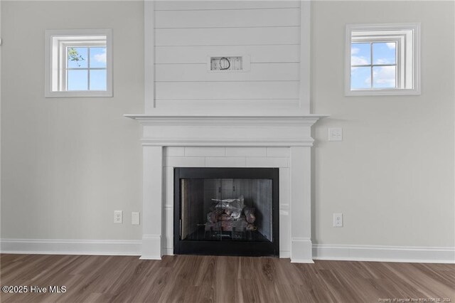 details with a tile fireplace and wood-type flooring