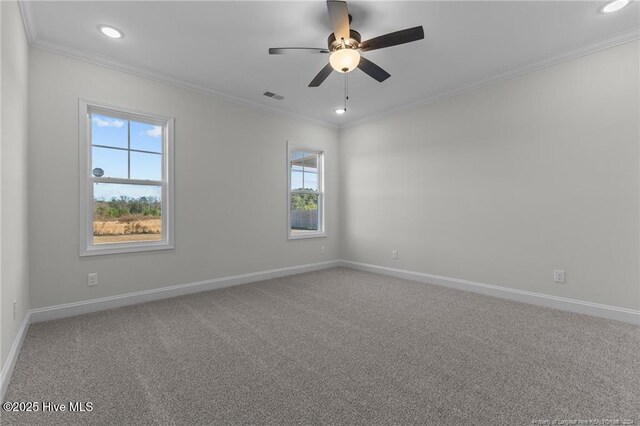 carpeted spare room featuring ceiling fan and ornamental molding