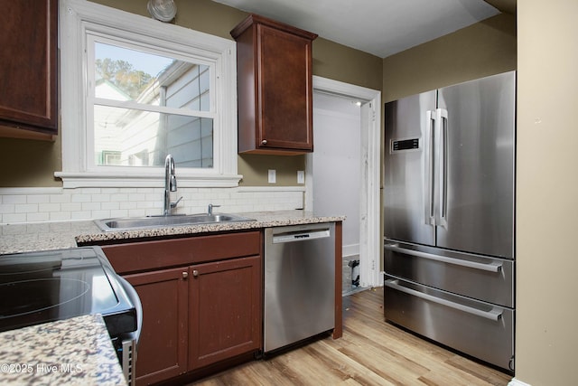 kitchen featuring light wood finished floors, stainless steel appliances, tasteful backsplash, and a sink