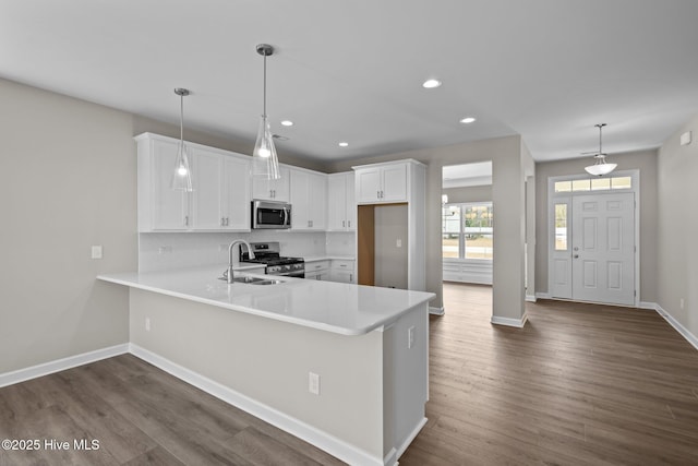 kitchen featuring a peninsula, dark wood-style floors, stainless steel appliances, and a sink