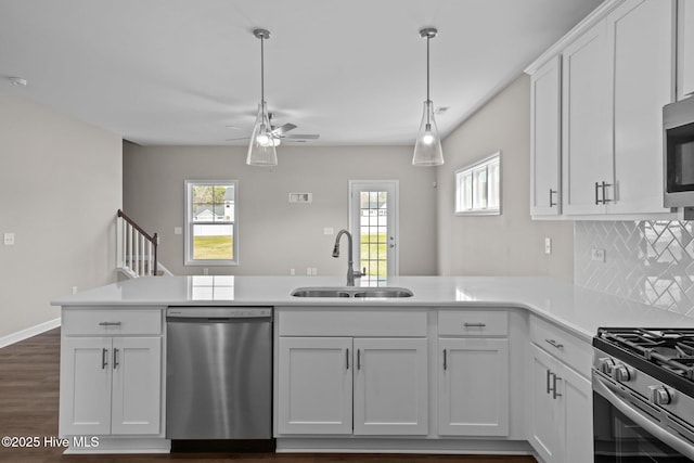 kitchen with backsplash, appliances with stainless steel finishes, white cabinetry, a sink, and a peninsula