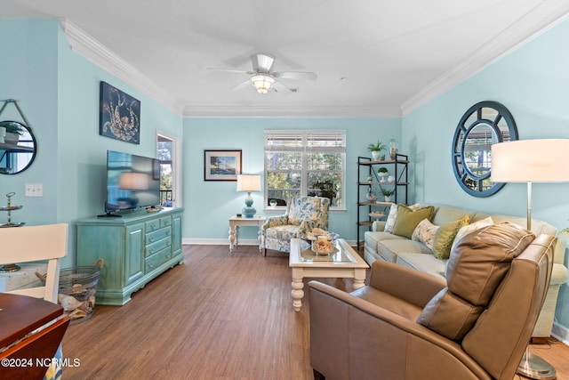 living room with ceiling fan, hardwood / wood-style flooring, and ornamental molding