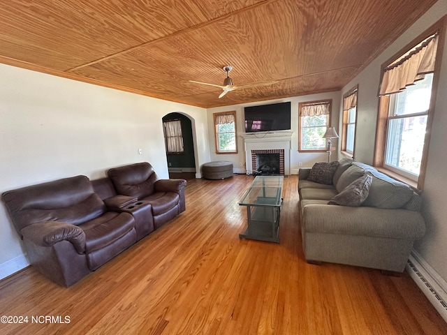 living room featuring ceiling fan, a brick fireplace, wooden ceiling, a baseboard radiator, and hardwood / wood-style floors