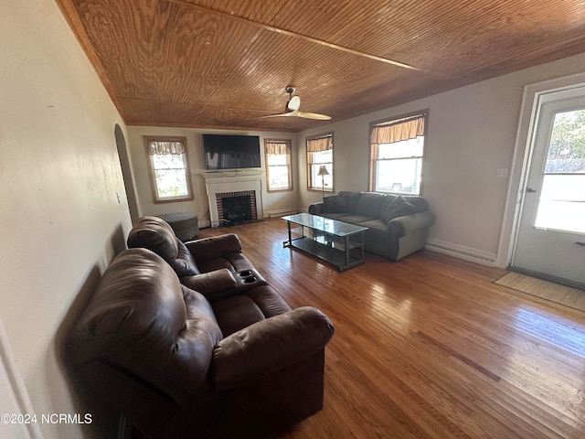 living room featuring wood-type flooring, wooden ceiling, a wealth of natural light, and ceiling fan