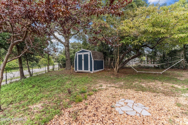 view of yard featuring a storage unit