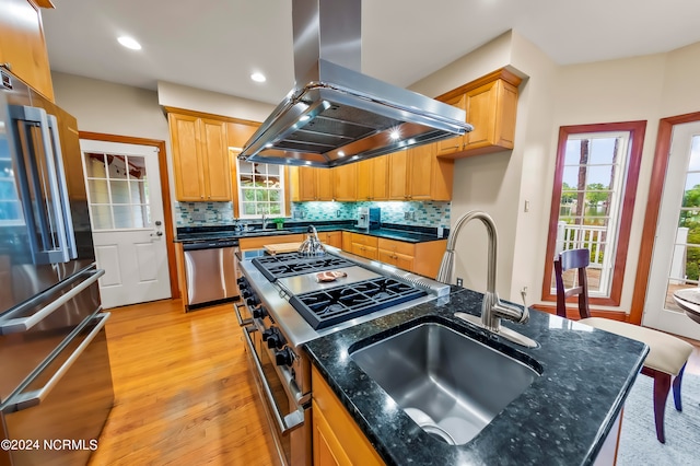 kitchen featuring island exhaust hood, a healthy amount of sunlight, premium appliances, and light hardwood / wood-style flooring