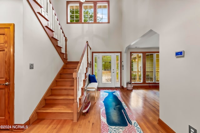 foyer featuring a towering ceiling and light hardwood / wood-style floors