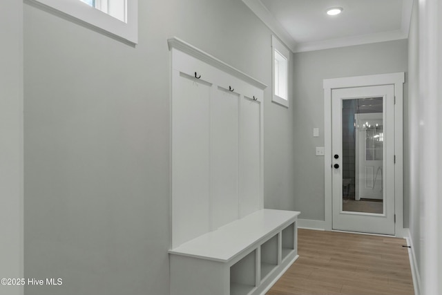 mudroom with crown molding and light hardwood / wood-style floors