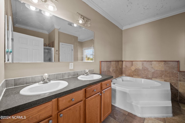 bathroom featuring ornamental molding, separate shower and tub, vanity, and tile walls