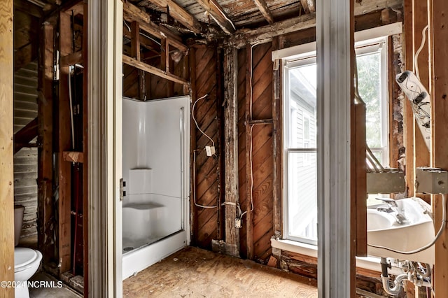 full bath with toilet, wood walls, a shower stall, and a healthy amount of sunlight