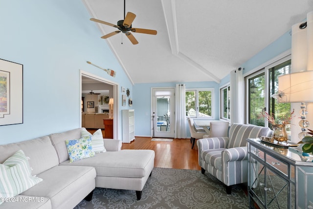 living room featuring high vaulted ceiling, ceiling fan, and wood-type flooring