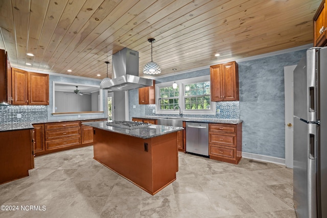 kitchen with island exhaust hood, a kitchen island, appliances with stainless steel finishes, wooden ceiling, and pendant lighting