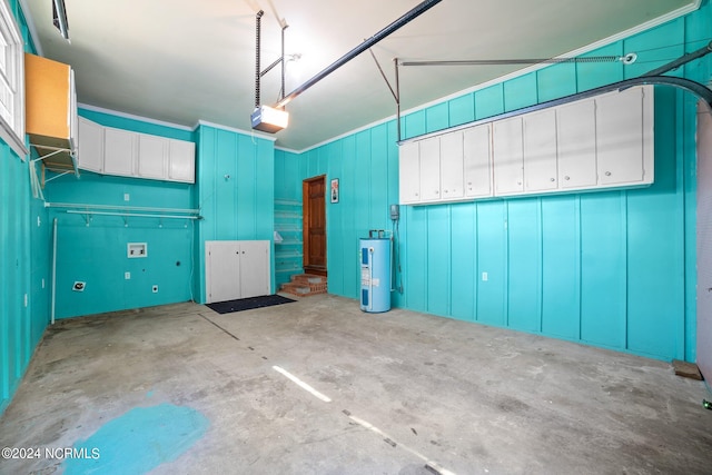 garage with a garage door opener and water heater