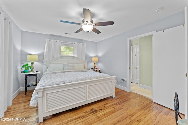 bedroom featuring light wood-type flooring and ceiling fan