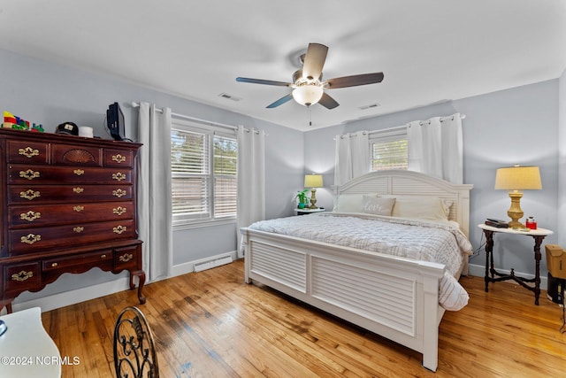 bedroom with light hardwood / wood-style floors and ceiling fan