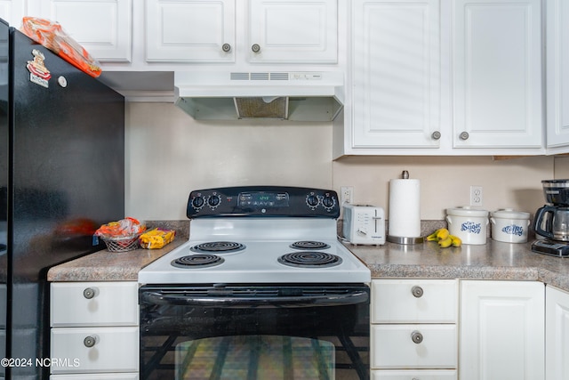 kitchen with extractor fan, white electric range, black refrigerator, and white cabinets