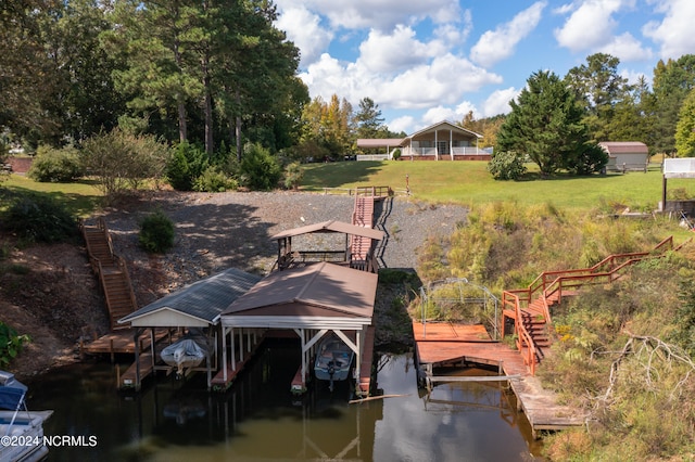 view of dock featuring a water view and a lawn