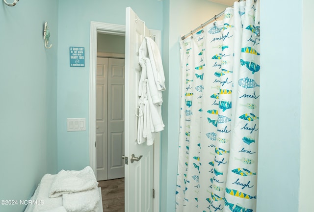 bathroom featuring a shower with curtain and wood-type flooring