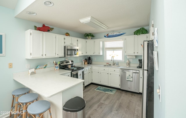 kitchen featuring white cabinetry, stainless steel appliances, sink, and kitchen peninsula