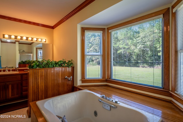 bathroom with independent shower and bath, vanity, crown molding, and hardwood / wood-style floors