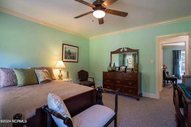 bedroom with ceiling fan, light colored carpet, and crown molding