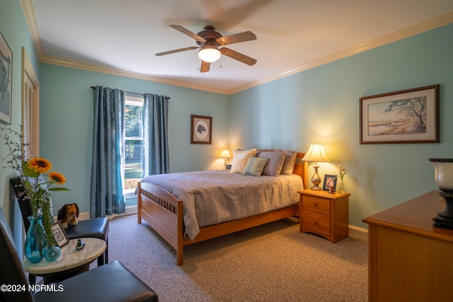 bedroom with ceiling fan, light colored carpet, and crown molding