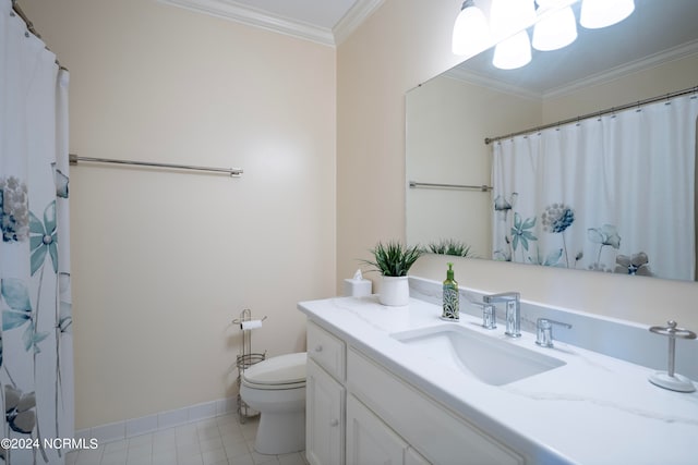 bathroom featuring ornamental molding, vanity, toilet, and tile patterned floors