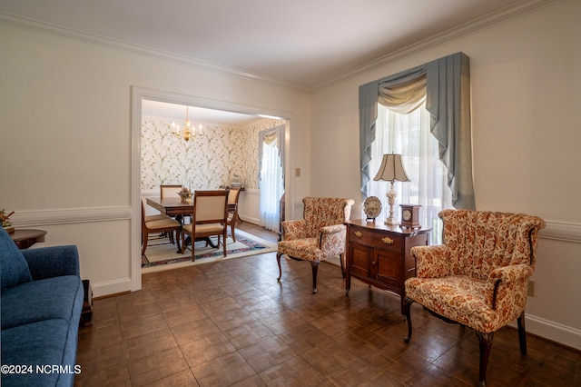 living area featuring ornamental molding and a notable chandelier