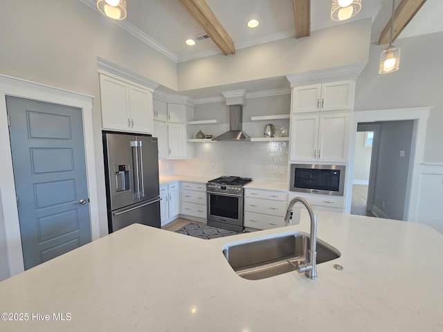 kitchen with open shelves, stainless steel appliances, light countertops, a sink, and beamed ceiling