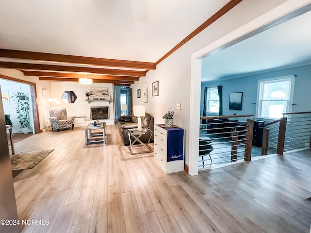 living room featuring crown molding, beam ceiling, and light hardwood / wood-style flooring