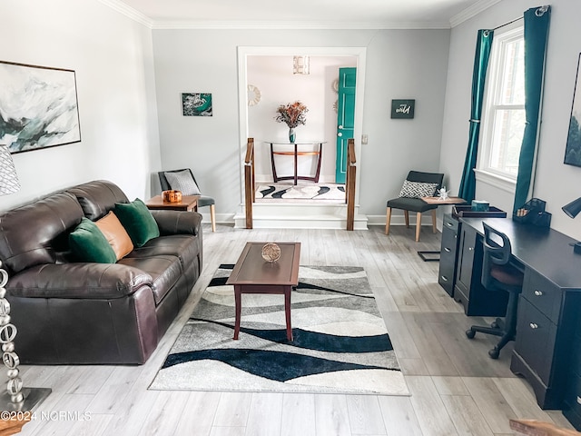 living room featuring ornamental molding and light wood-type flooring