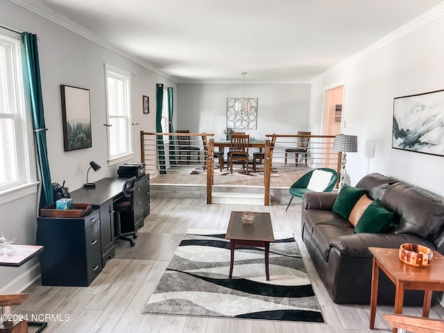 living room with crown molding and light wood-type flooring