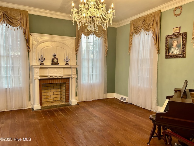 living room with dark wood finished floors and crown molding