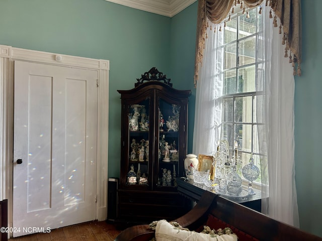 room details featuring a dry bar, ornamental molding, and wood finished floors